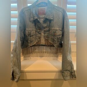 Vintage Levi’s cropped denim/jean jacket with beading. Size XS.